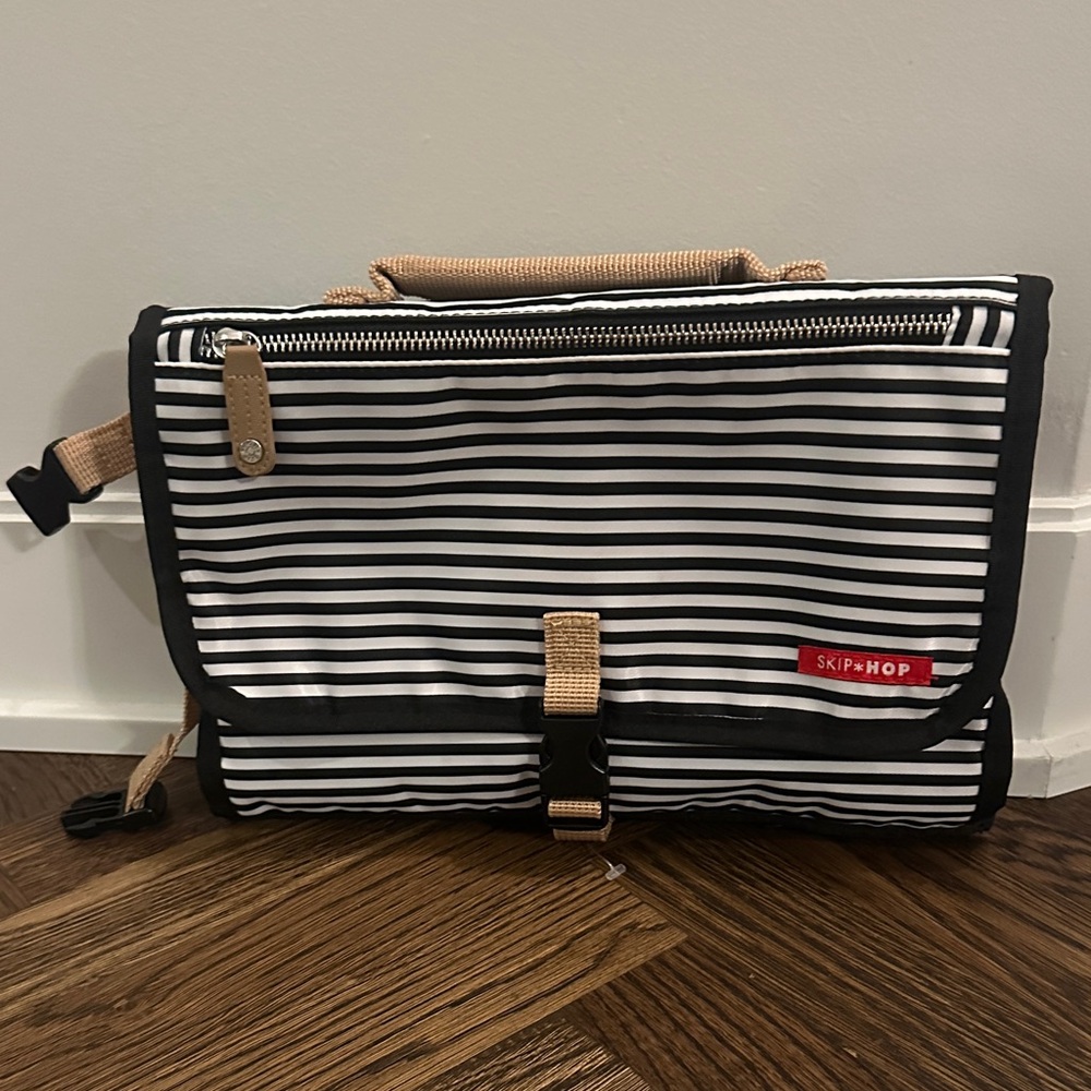 Skip Hop Black and White Striped Baby Bag with Tan Details